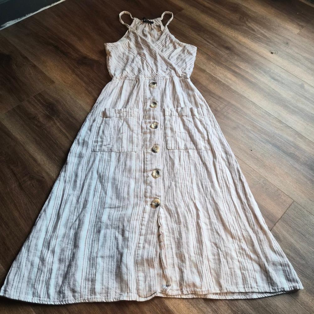 Indigo Rein Womens Striped Halter Maxi Dress Cream Brown Button Front Small Boho